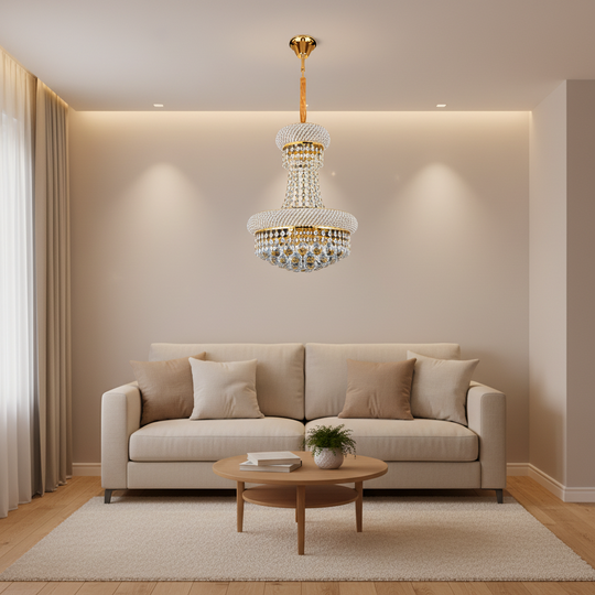 Křišťálový lustr NUVOLA Elegenza, 12xE14, H50 cm, zlatý, nastavitelná výška, kov a křišťál