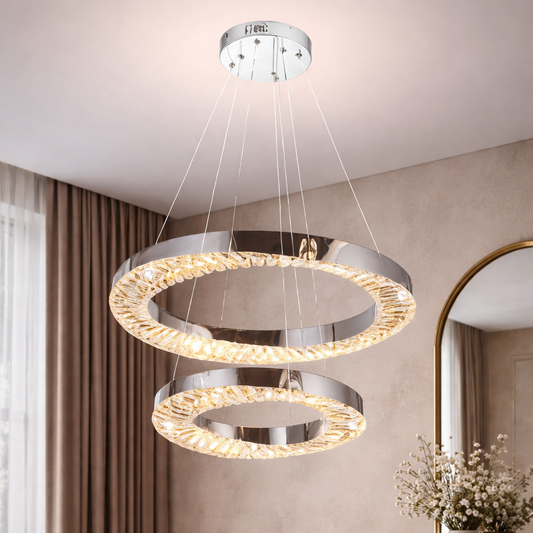 LED lustr CC31212/60X40CH, Průměr 40+60 cm, Výška 120 cm, IP20, Studené/Neutrální/Teplé světlo, Stmívatelné, Stříbrné, Křišťálové, Ocel