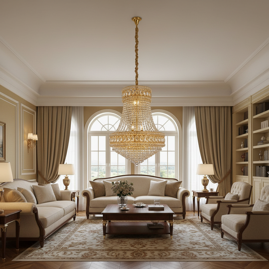 Křišťálový lustr EMPIRE Eleganza 10xE14, H50 cm, zlatý, nastavitelná výška, kov a křišťálové křišťálové lustry Výchozí název Alessandro Design