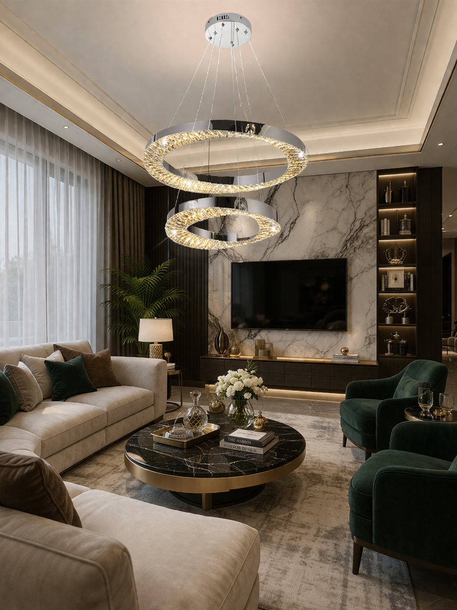 LED lustr CC31212/60X40CH, Průměr 40+60 cm, Výška 120 cm, IP20, Studené/Neutrální/Teplé světlo, Stmívatelné, Stříbrné, Křišťálové, Ocel