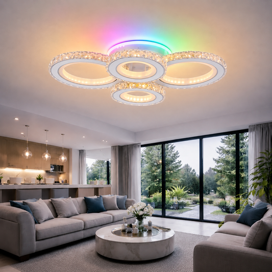 LED lustr s dálkovým ovládáním a krystalem NOVA ROTONDA RGB 82W, 4 kruhy, Studené/Teplé/Neutrální světlo, Stmívatelné, Bílá