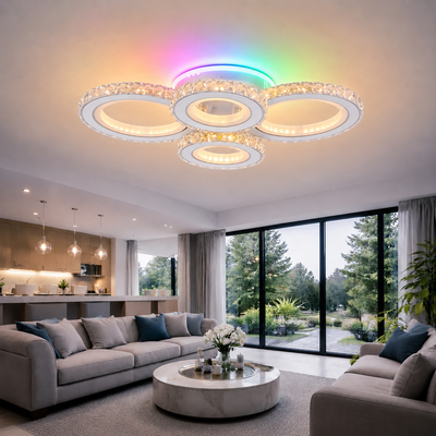 LED lustr s dálkovým ovládáním a krystalem NOVA ROTONDA RGB 82W, 4 kruhy, Studené/Teplé/Neutrální světlo, Stmívatelné, Bílá