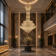 Candelabru Cristal GRAND 87xE14, D138 cm, Auriu, Inaltime Reglabila, Metal si Cristal