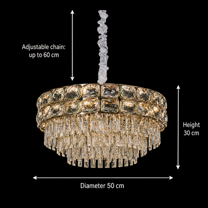 Candelabru Cristal LUCENT Eleganza 9xE14, D50 cm, Auriu, Inaltime Reglabila, Metal si Cristal