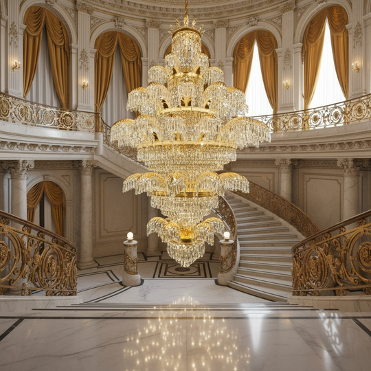Křišťálový lustr PALACE Grande, 52 ramen, 96xG9, průměr 150 cm, výška 230 cm, lesklé zlato, nastavitelná výška, elegantní design Křišťálové lustry Výchozí název Alessandro Design