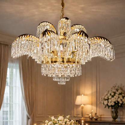 Křišťálový lustr Regalis 11x E14, průměr 85 cm, lesklé zlato, nastavitelná výška, kov a křišťál