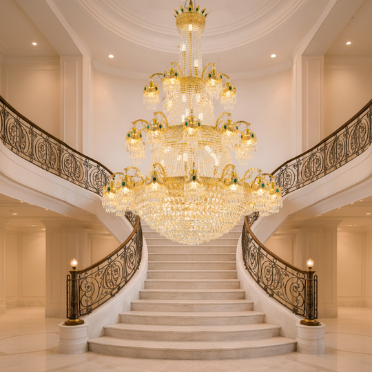 Křišťálový lustr, 61xE14, Průměr 150 cm, Výška 200 cm, Lesklý zlatý, Nastavitelná výška, Elegantní Design Křišťálový lustr Výchozí název Alessandro Design