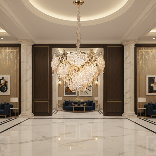 Candelabru Cristal LUXE Magno, 21xE14, Diametru 60cm, Inaltime 40cm, Auriu Lucios, Inaltime Reglabila, Design Elegant