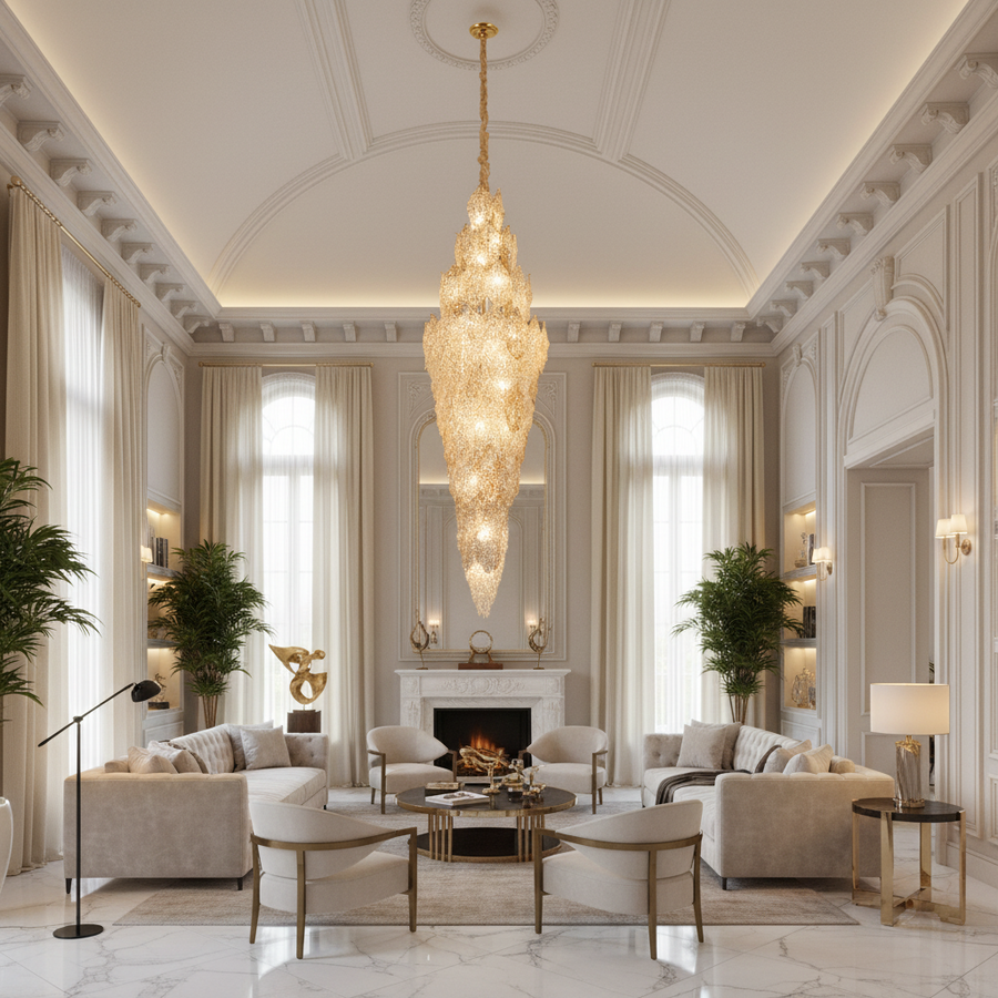 Candelabru Cristal LACE Supremo 26xE14, Diametru 60cm, Inaltime 180cm, Auriu Lucios, Inaltime Reglabila, Design Elegant