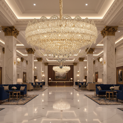 Candelabru Cristal CROWN Regalis 21xE14, Diametru 80cm, Inaltime 45cm, Auriu Lucios, Inaltime Reglabila, Design Elegant