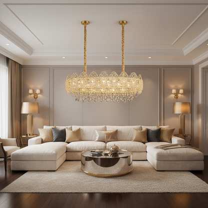 Candelabru Cristal CROWN Supremo 11xE14, Dimensiune 80x30 cm, Inaltime 33 cm, Auriu Lucios, Inaltime Reglabila, Design Elegant