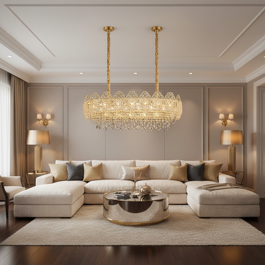 Candelabru Cristal CROWN Supremo 11xE14, Dimensiune 80x30 cm, Inaltime 33 cm, Auriu Lucios, Inaltime Reglabila, Design Elegant