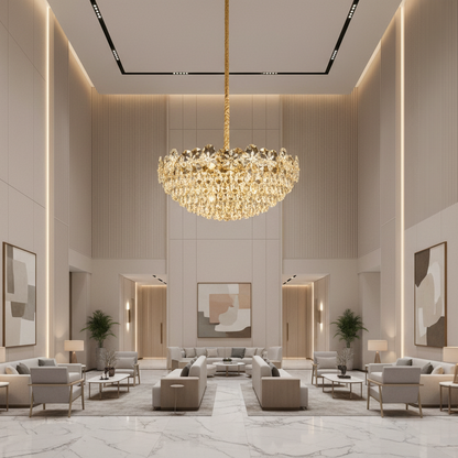 Candelabru Cristal JARDIN Regalis 24xE14, Diametru 80cm, Inaltime 40cm, Auriu Lucios, Inaltime Reglabila, Design Elegant