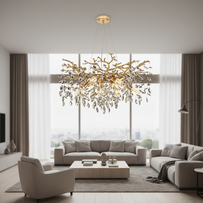 Křišťálový lustr LEAF Regalis, Φ80cm, 10xE14, zlato, kov a křišťál