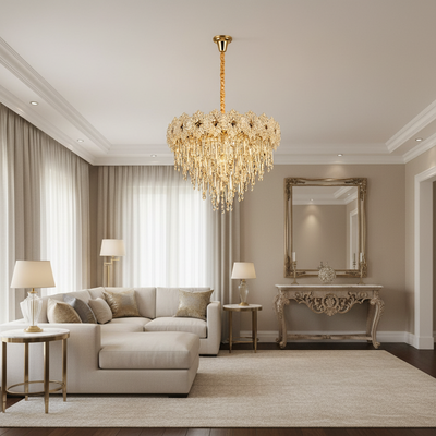 Křišťálový lustr FLEUR Magno 12xE14, průměr 60 cm, výška 45 cm, lesklé zlato, nastavitelná výška, elegantní design