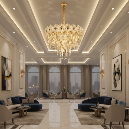 Candelabru Cristal FLEUR Magno 12xE14, Diametru 60cm, Inaltime 45cm, Auriu Lucios, Inaltime Reglabila, Design Elegant