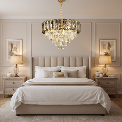Candelabru Cristal AURUM Nobile 9xE14, Diametru 40cm, Inaltime 30cm, Auriu Lucios, Inaltime Reglabila, Design Elegant