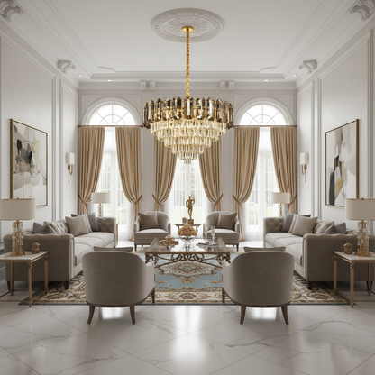 Candelabru Cristal AURUM Magno 12xE14, Diametru 60cm, Inaltime 40cm, Auriu Lucios, Inaltime Reglabila, Design Elegant