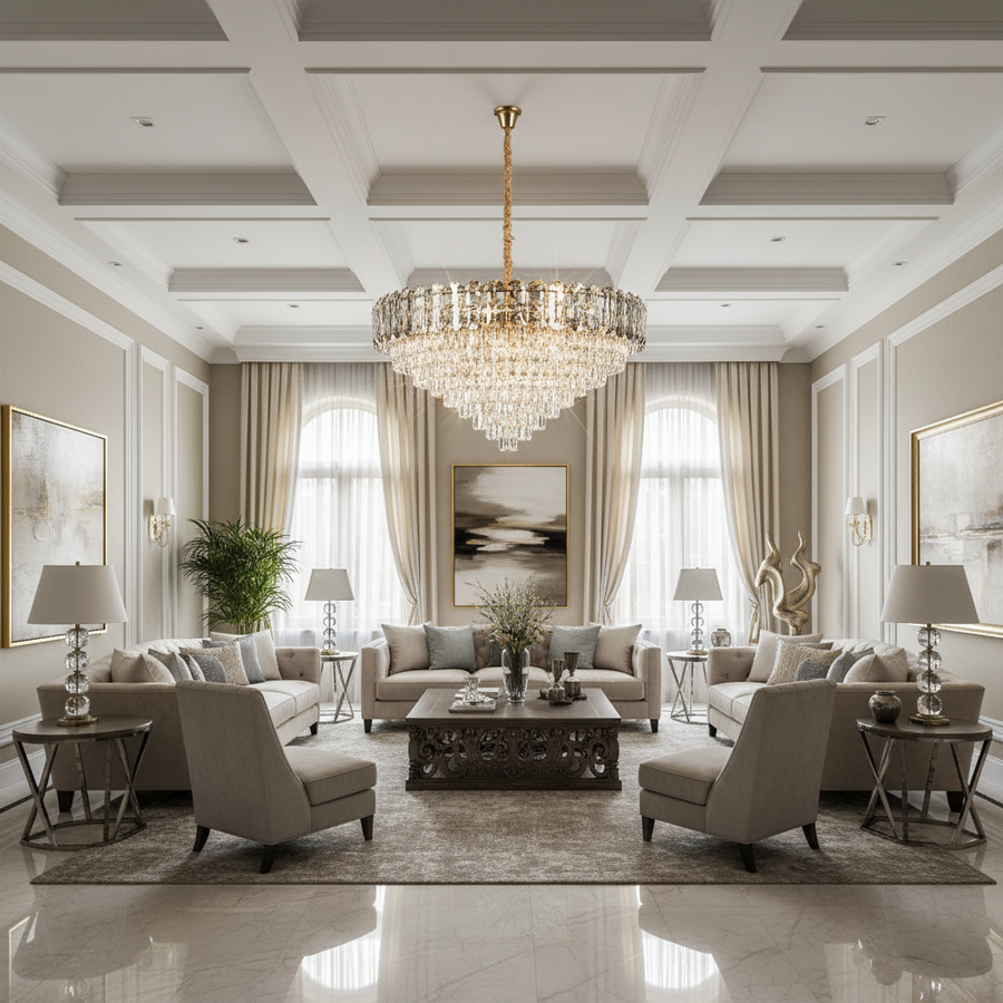 Candelabru Cristal AURUM Regalis 22xE14, Diametru 80cm, Inaltime 55cm, Auriu Lucios, Inaltime Reglabila, Design Elegant