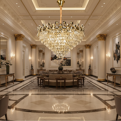 Candelabru Cristal ACE Regalis 22xE14, Diametru 80cm, Inaltime 40cm, Auriu Lucios, Inaltime Reglabila, Design Elegant