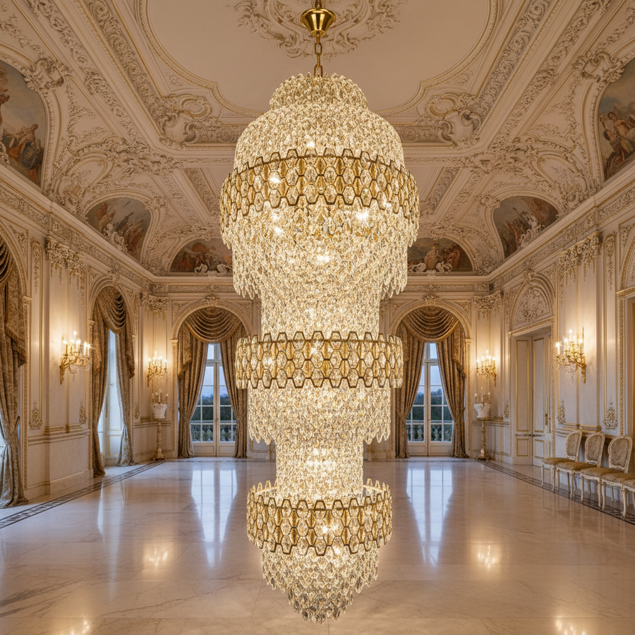 Candelabru Cristal TRIO Magno 49xE14, Diametru 65cm, Inaltime 200cm, Auriu Lucios, Inaltime Reglabila, Design Elegant