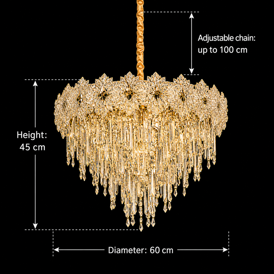 Candelabru Cristal FLEUR Magno 12xE14, Diametru 60cm, Inaltime 45cm, Auriu Lucios, Inaltime Reglabila, Design Elegant