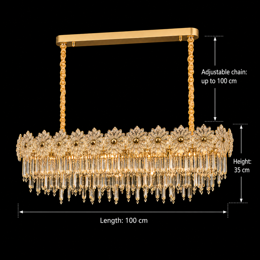 Candelabru Cristal FLEUR Supremo 14xE14, Dimensiune 100x35 cm, Inaltime 35 cm, Auriu Lucios, Inaltime Reglabila, Design Elegant