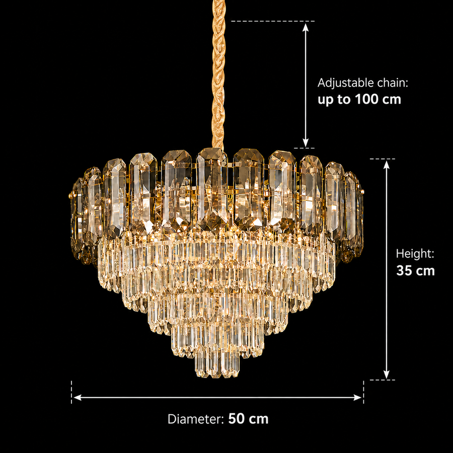 Candelabru Cristal AURUM Eleganza 9xE14, Diametru 50cm, Inaltime 35cm, Auriu Lucios, Inaltime Reglabila, Design Elegant