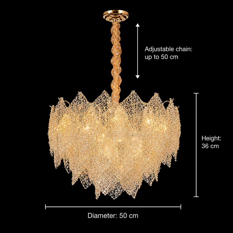 Candelabru Cristal LACE Eleganza 9xE14, Diametru 50cm, Inaltime 36cm, Auriu Lucios, Inaltime Reglabila, Design Elegant