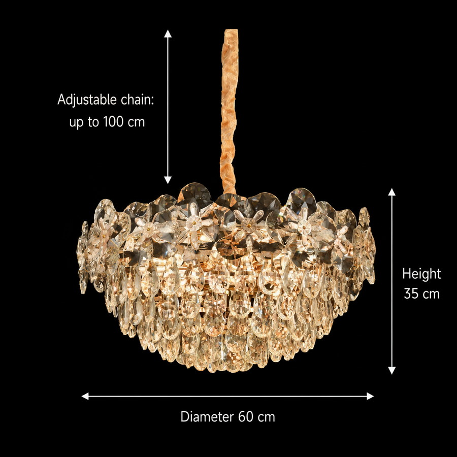 Candelabru Cristal JARDIN Magno 14xE14, Diametru 60cm, Inaltime 35cm, Auriu Lucios, Inaltime Reglabila, Design Elegant
