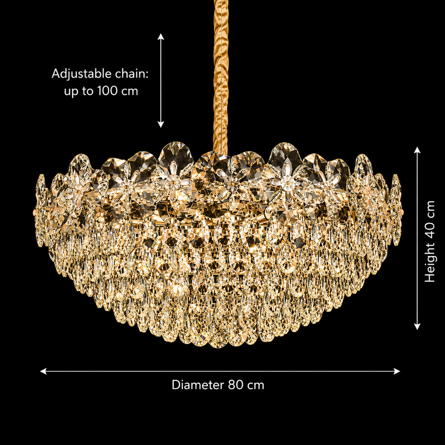 Candelabru Cristal JARDIN Regalis 24xE14, Diametru 80cm, Inaltime 40cm, Auriu Lucios, Inaltime Reglabila, Design Elegant