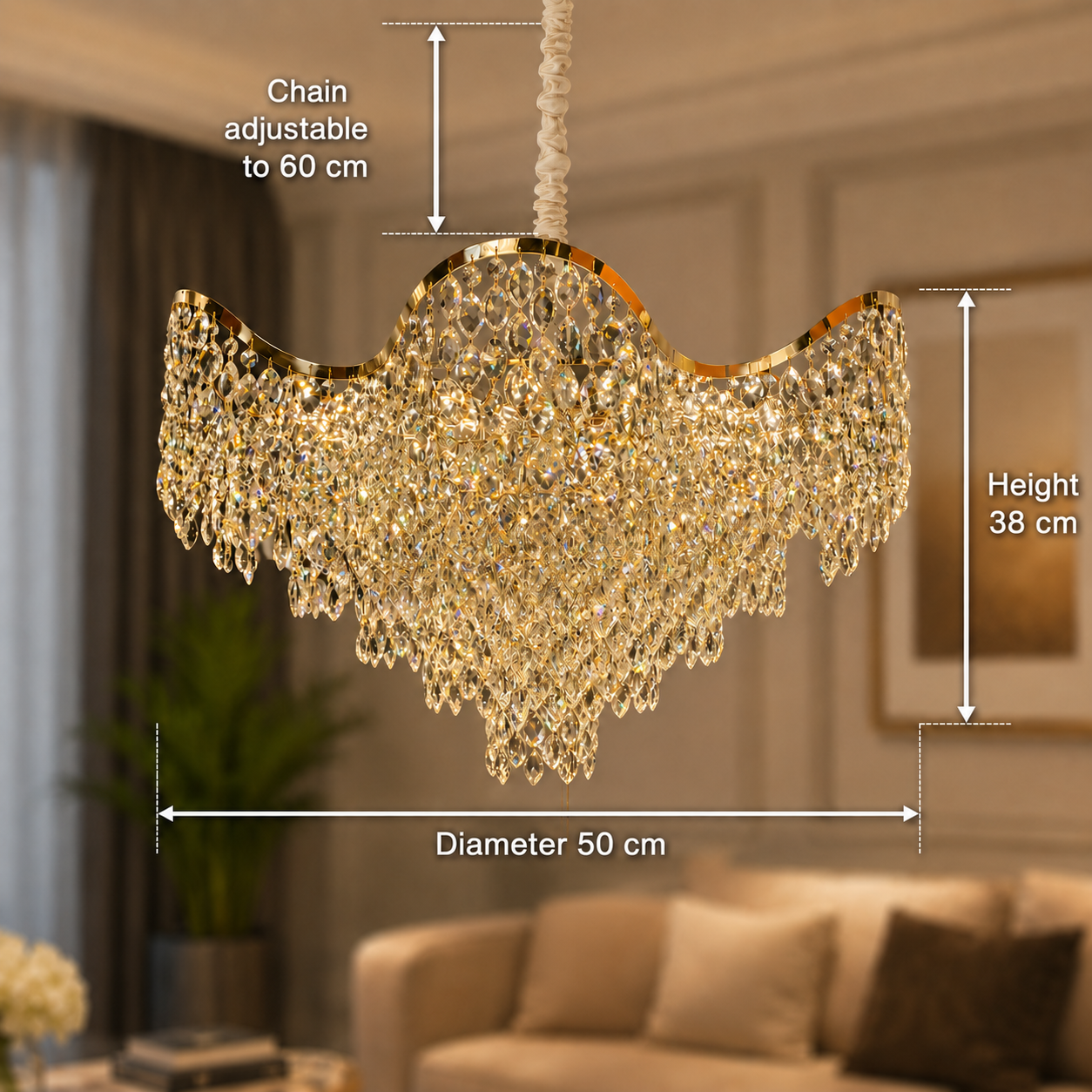 Křišťálový lustr VELOURA Eleganza 9xE14, H50 cm, zlatý, nastavitelná výška, kov a křišťálové křišťálové lustry Výchozí název Alessandro Design