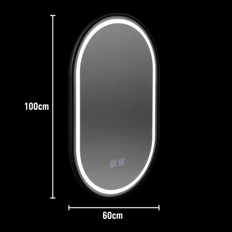 Oválné LED zrcadlo 60x100cm VETRO, 22W, Touch Dimmable Demister System, černý rám