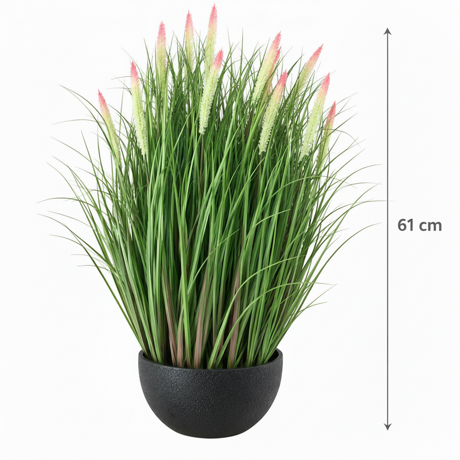 Umělá rostlina, okrasná tráva typu liščího ocasu, 61 cm, s 19 kořením, zelená a růžová