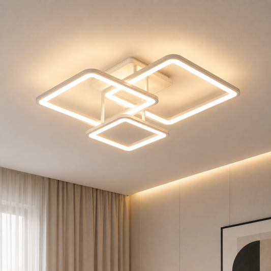 LED lustr s dálkovým ovládáním ZOE, 60W, 3 čtverce, studené/teplé/neutrální světlo, stmívatelné, bílá, kov a akryl
