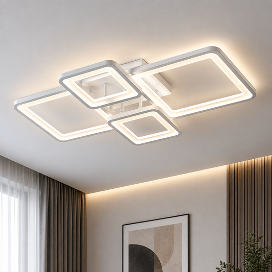 LED lustr s dálkovým ovládáním ELLA 67W, 4 čtverce, studené/teplé/neutrální světlo, stmívatelné, bílá, kov a akryl