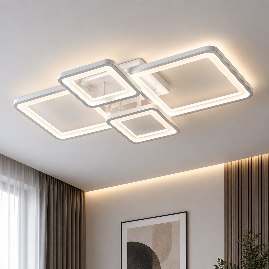 LED lustr s dálkovým ovládáním ELLA 67W, 4 čtverce, studené/teplé/neutrální světlo, stmívatelné, bílá, kov a akryl