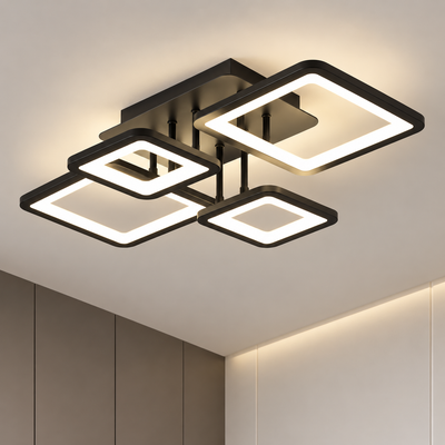 LED lustr s dálkovým ovládáním ELLA 67W, 4 čtverce, studené/teplé/neutrální světlo, stmívatelné, černá, kov a akryl