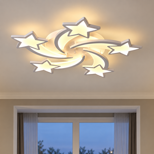 LED lustr s dálkovým ovládáním IPOMOEA 85W, 5 hvězdiček, studené/teplé/neutrální světlo, stmívatelné, bílá, kov a akryl