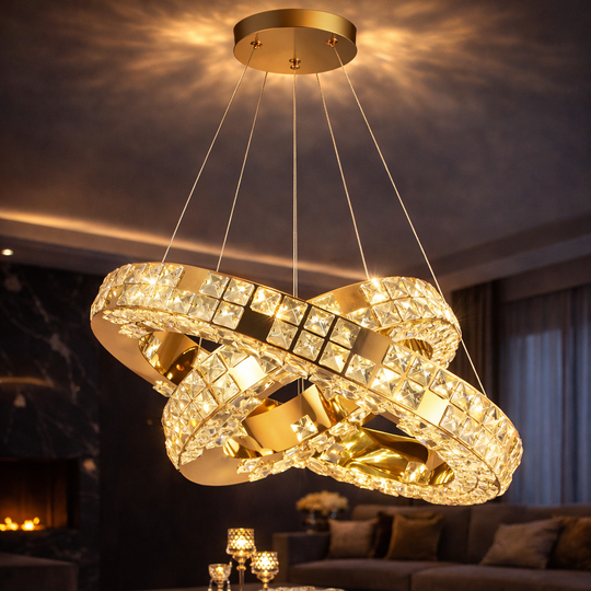 LED lustr s dálkovým ovládáním, LLC135/2GD, křišťál a kov, 54W, 2 kruhy, stmívatelný, výškově nastavitelný, studené/teplé/neutrální světlo 3000K/4000K/6000K, luxusní osvětlení LED lustry s dálkovým ovládáním Výchozí název Alessandro Design