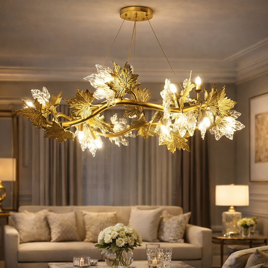Moderní lustr LEAFORA Eleganza, 6xE14, průměr 50 cm, zlatý, nastavitelná výška, kov a křišťál Moderní lustry Výchozí název Alessandro Design