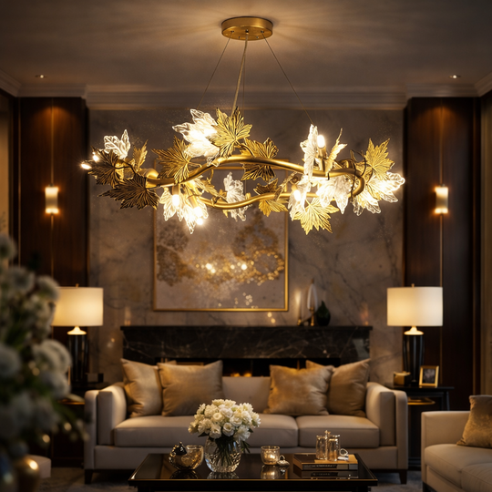 Moderní lustr LEAFORA Eleganza, 6xE14, průměr 50 cm, zlatý, nastavitelná výška, kov a křišťál Moderní lustry Výchozí název Alessandro Design