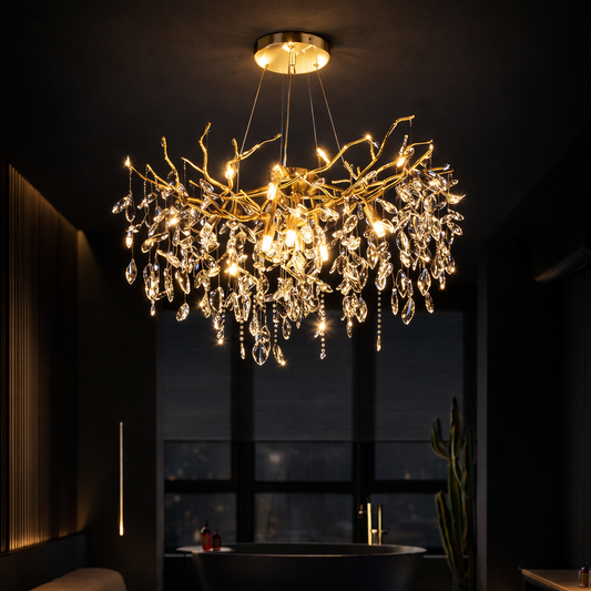 Křišťálový lustr WALTZ Rhapsody, 9x G9, zlatý, 60 cm, nastavitelná výška, kov a krystal