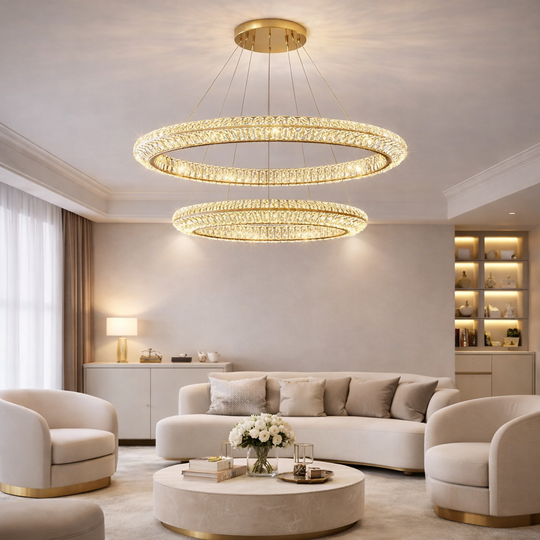 LED lustr s dálkovým ovládáním, LLC132/300GD, křišťál a kov, 37W, 2 kruhy, stmívatelné, 3000K/4000K/6000K, luxusní osvětlení LED lustry s dálkovým ovládáním Výchozí název Alessandro Design