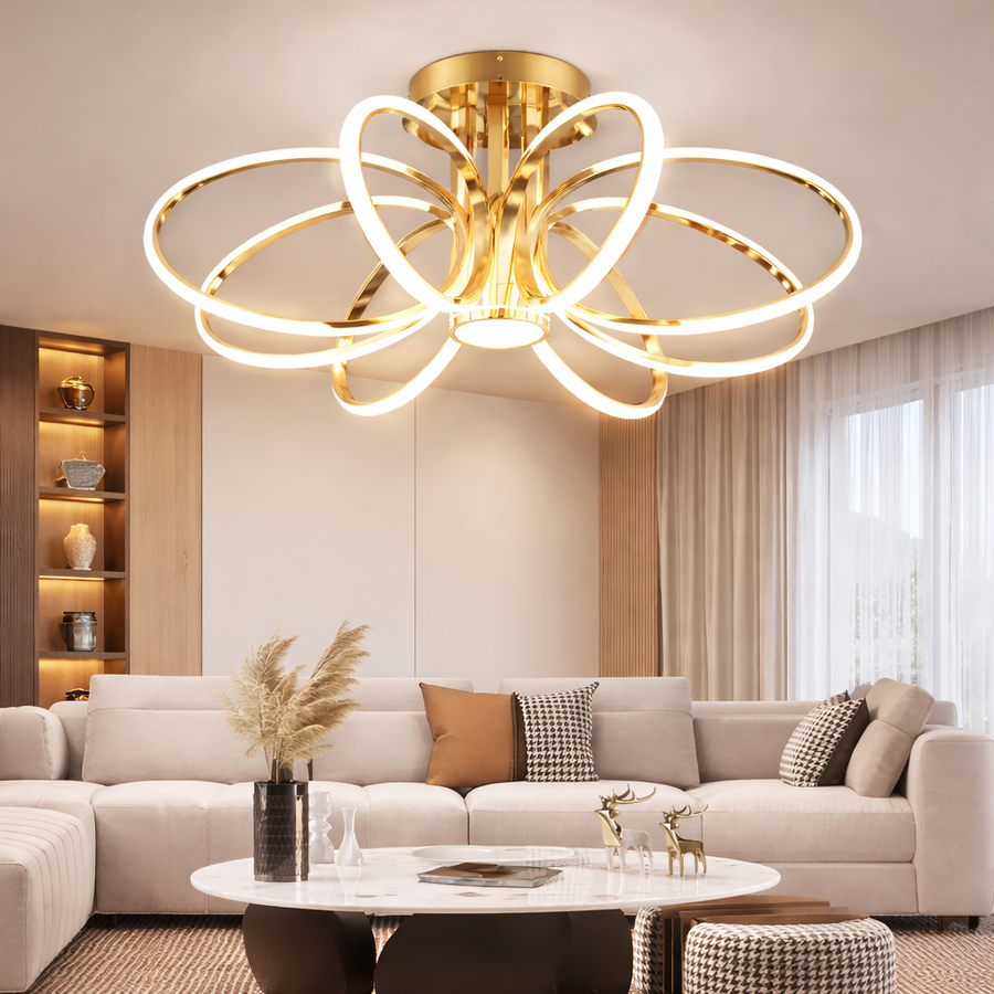 LED lustr s dálkovým ovládáním LT771/500GD, 25W, teplé/studené/neutrální světlo 3000K/4000K/6000K, stmívatelné, zlato, kov a silikon