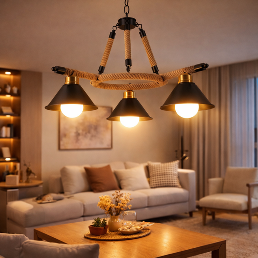 Vintage závěsný lustr, LV571/3BK, 3*E27, hnědý, kov a provázek