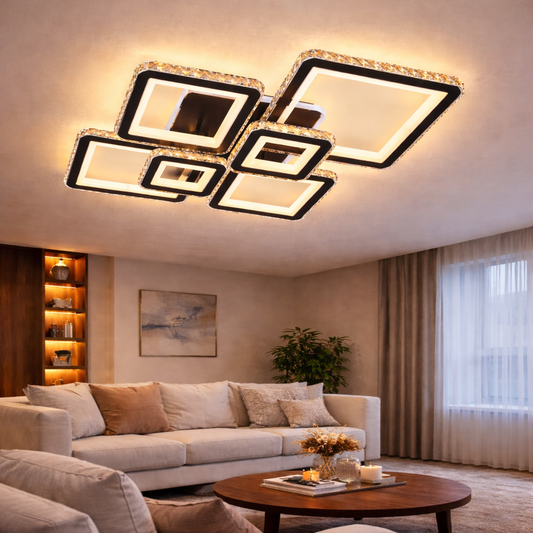 LED lustr s dálkovým ovládáním a krystalem QUADRIS RGB 177W, 6 čtverců, studené/teplé/neutrální světlo 3000K/4000K/6000K, stmívatelné, černá, kov a křišťál