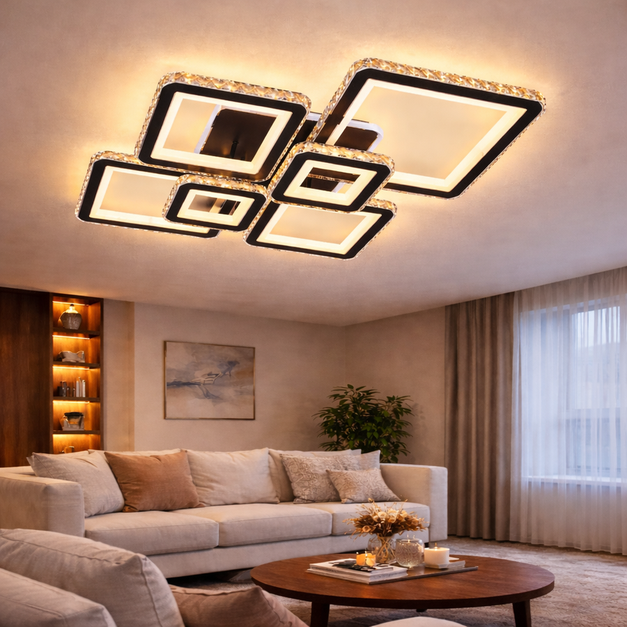 LED lustr s dálkovým ovládáním a krystalem QUADRIS RGB 177W, 6 čtverců, studené/teplé/neutrální světlo 3000K/4000K/6000K, stmívatelné, černá, kov a křišťál