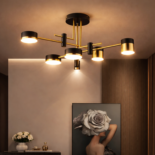 Moderní LED lustr Ionitus 72W černá a zlatá, ramena, teplé/neutrální/studené světlo 3000K/4000K/6000K, kovové a akrylové LED lustry s dálkovým ovládáním Výchozí název Alessandro Design