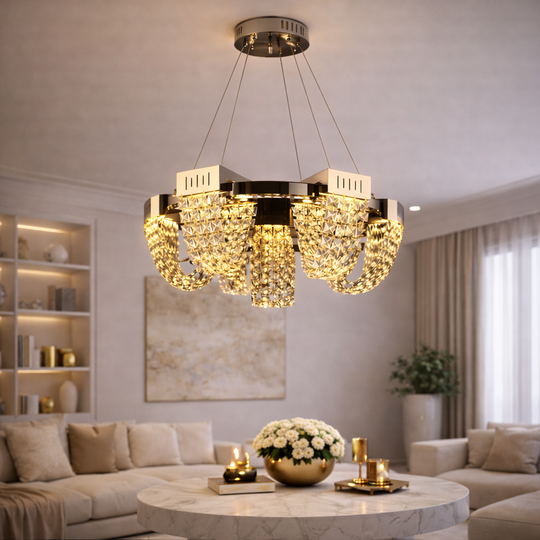 LED křišťálový lustr 24W, STRATUS Regalis, průměr 80 ​​cm, lesklý chrom, nastavitelná výška, teplé neutrální studené světlo 3000K/4000K/6000K, kovové a křišťálové křišťálové lustry Výchozí název Alessandro Design